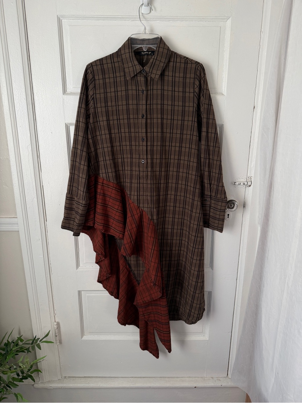 Plaid Shirt Dress Brown Rust Red Asymmetric Ruffle Lagenlook Dark Academia Prep